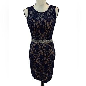 City Studio Sleeveless Lined Sequin Waist Tank Lace Dress - Navy Blue - size 7
